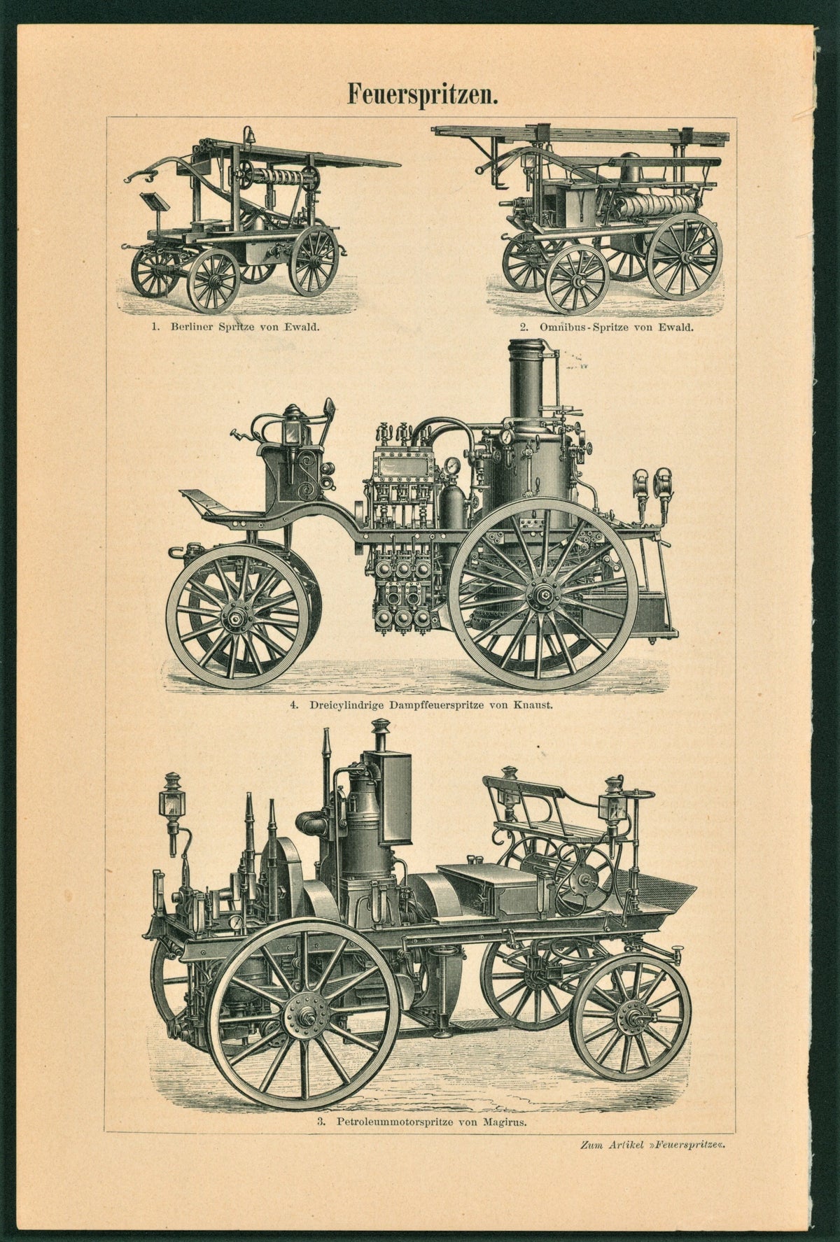 Fire Engines, Antique Engraving (1895) - Authentic Vintage Antique Print