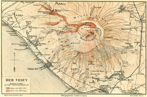Vesuvius Mountain/Volcano- Antique Map - Authentic Vintage Map
