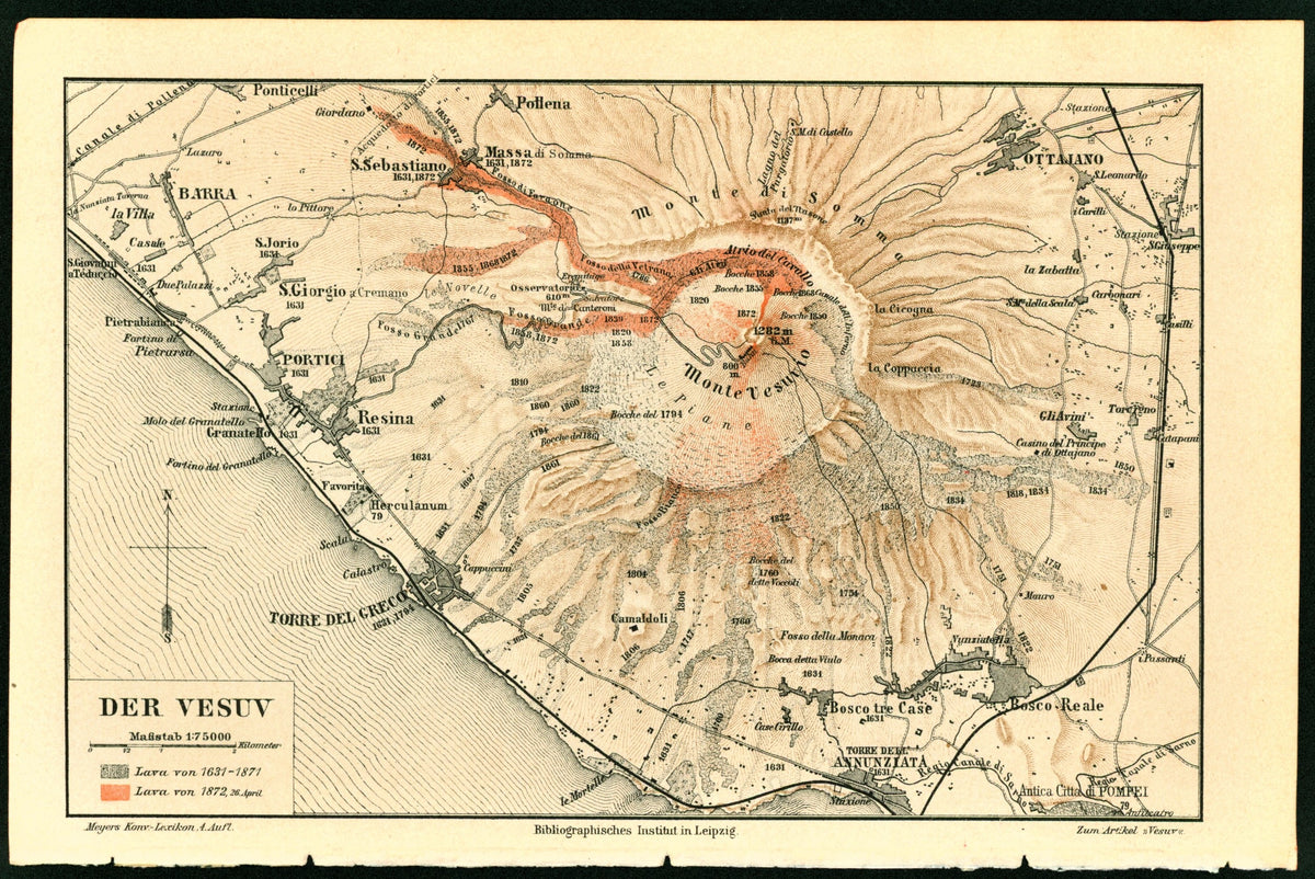 Vesuvius Mountain/Volcano- Antique Map - Authentic Vintage Antique Print