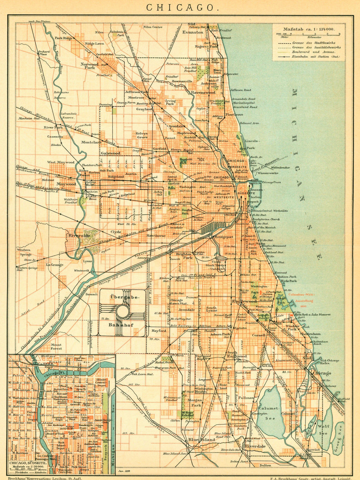 Chicago, Illinois- Antique Map - Authentic Vintage Poster