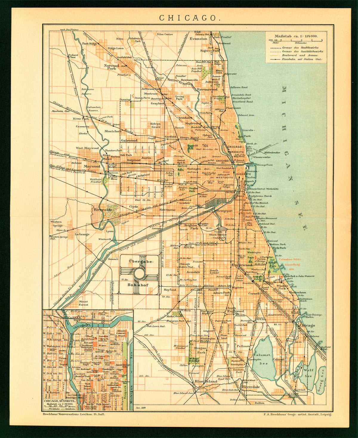 Chicago, Illinois- Antique Map - Authentic Vintage Poster