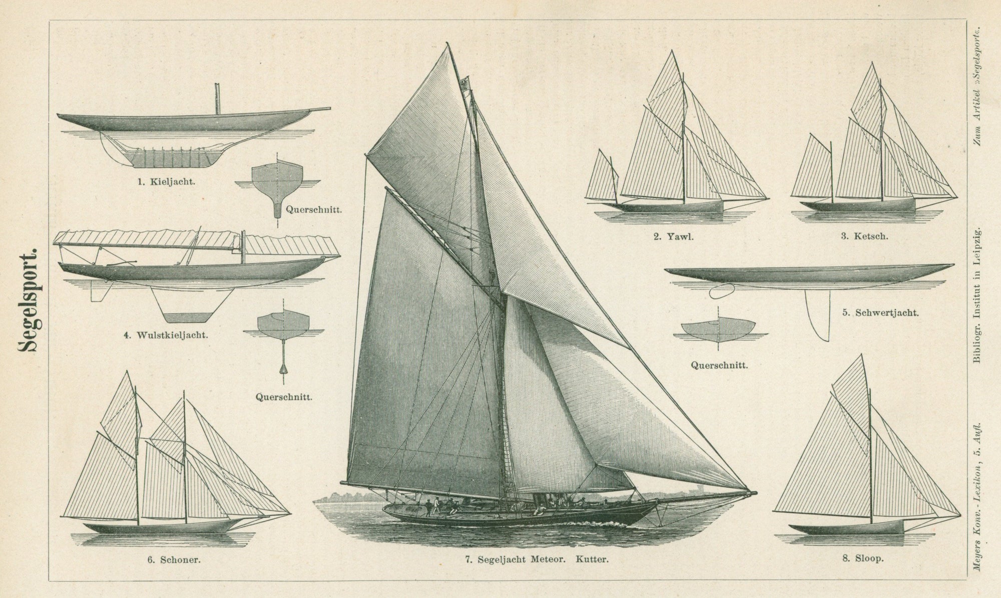 Sailing, Sport Yacht- Antique Engraving - Authentic Vintage Antique Print