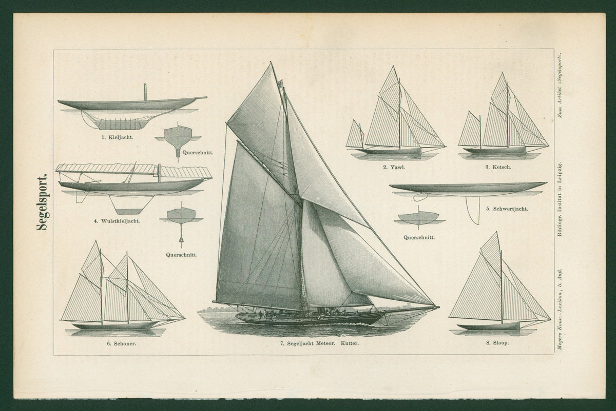Sailing, Sport Yacht- Antique Engraving - Authentic Vintage Antique Print