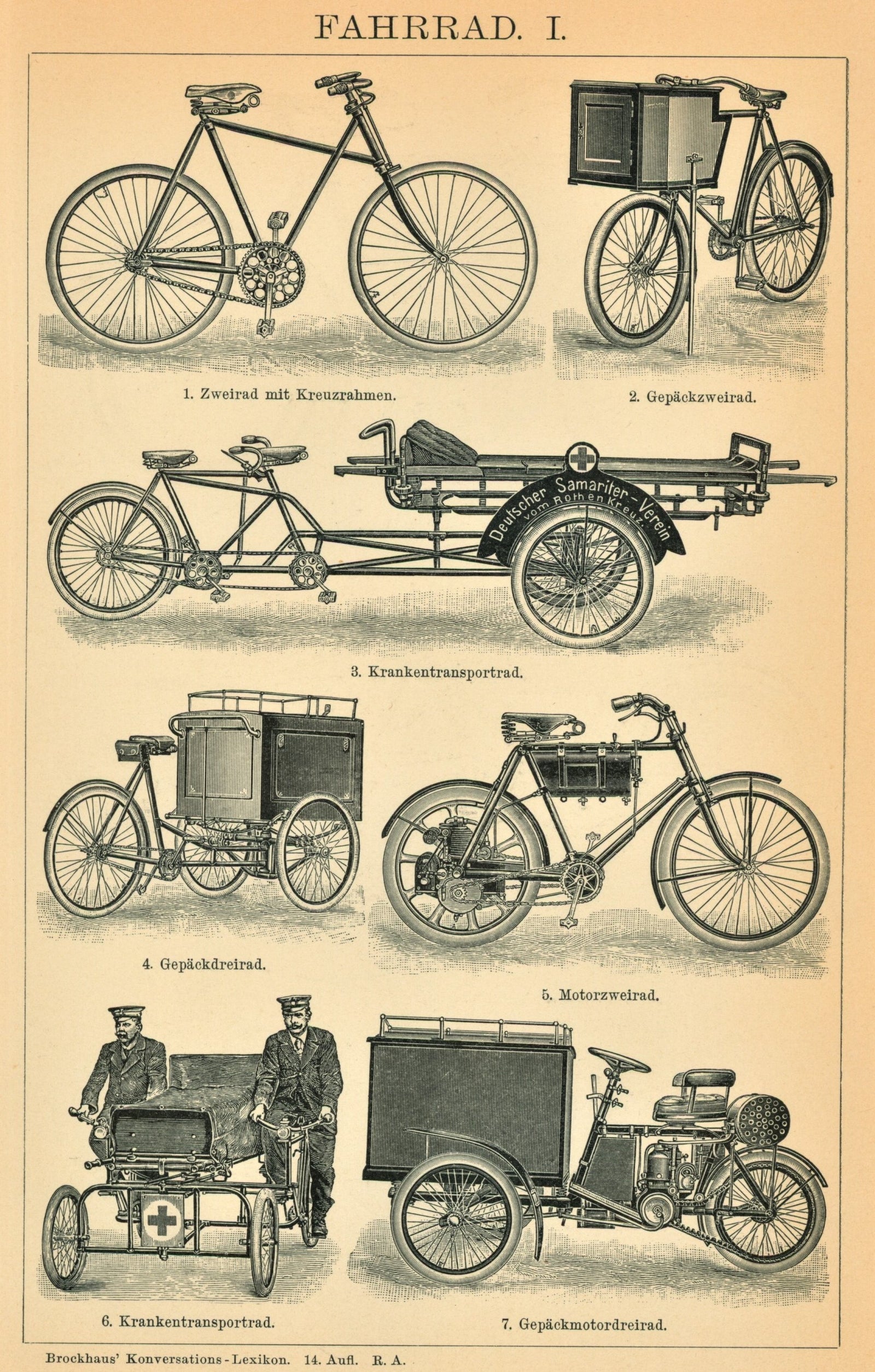 Bicycles, Motorcycles - Antique Engraving - Authentic Vintage Antique Print