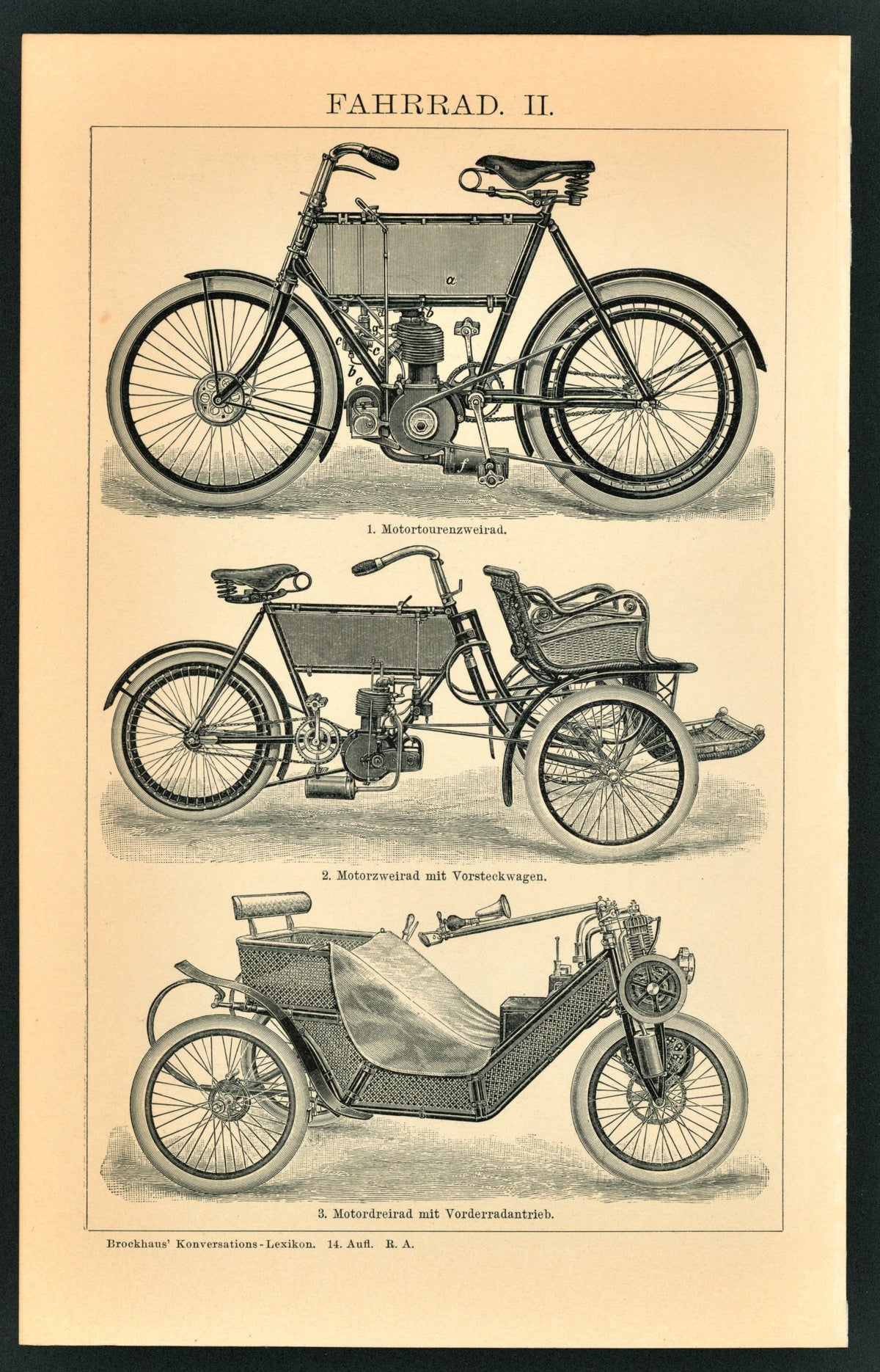 Bicycles, Motorcycles - Antique Engraving - Authentic Vintage Antique Print