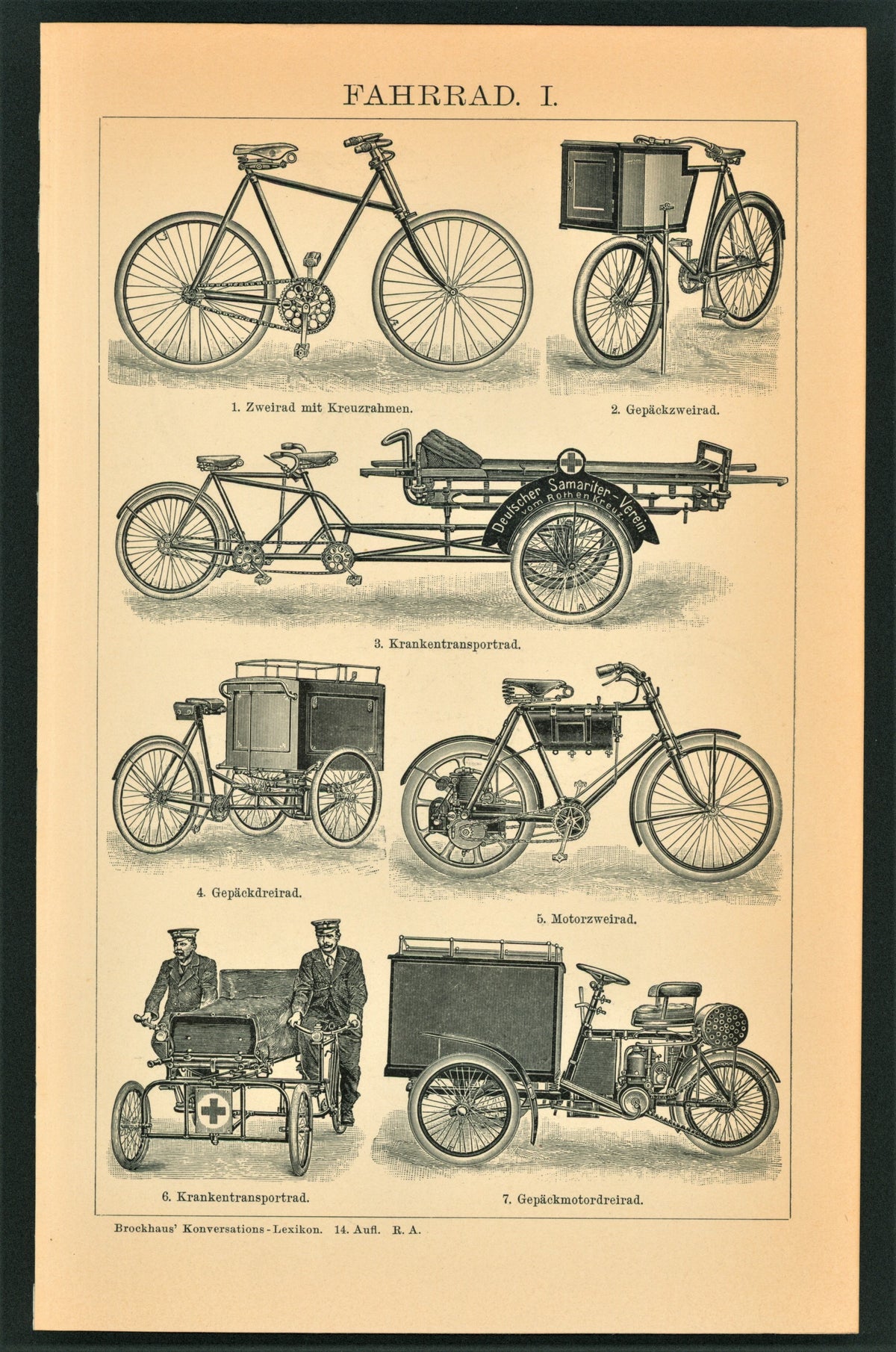 Bicycles, Motorcycles - Antique Engraving - Authentic Vintage Antique Print