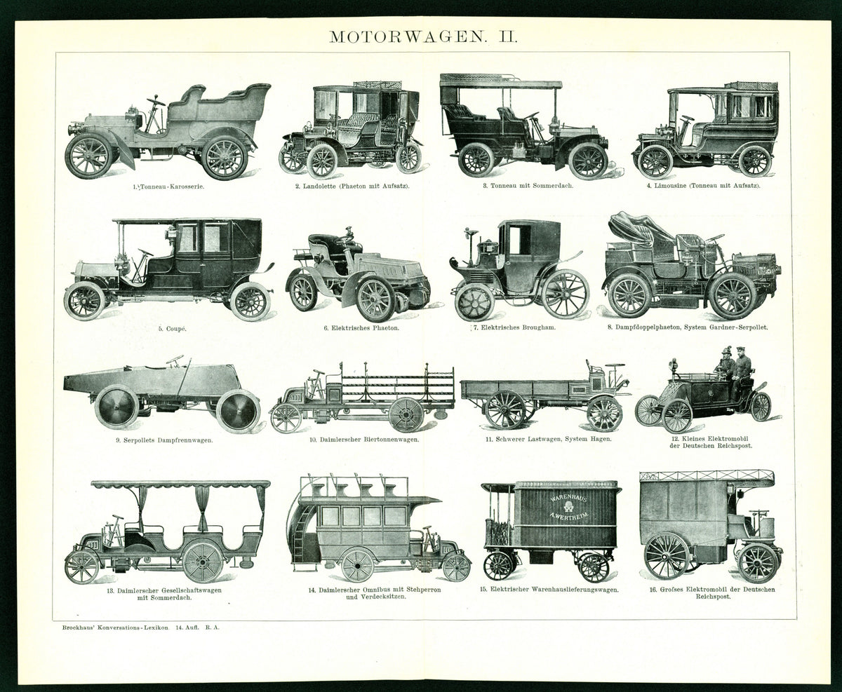 Automobiles, Motor Wagons- Antique Print - Authentic Vintage Antique Print