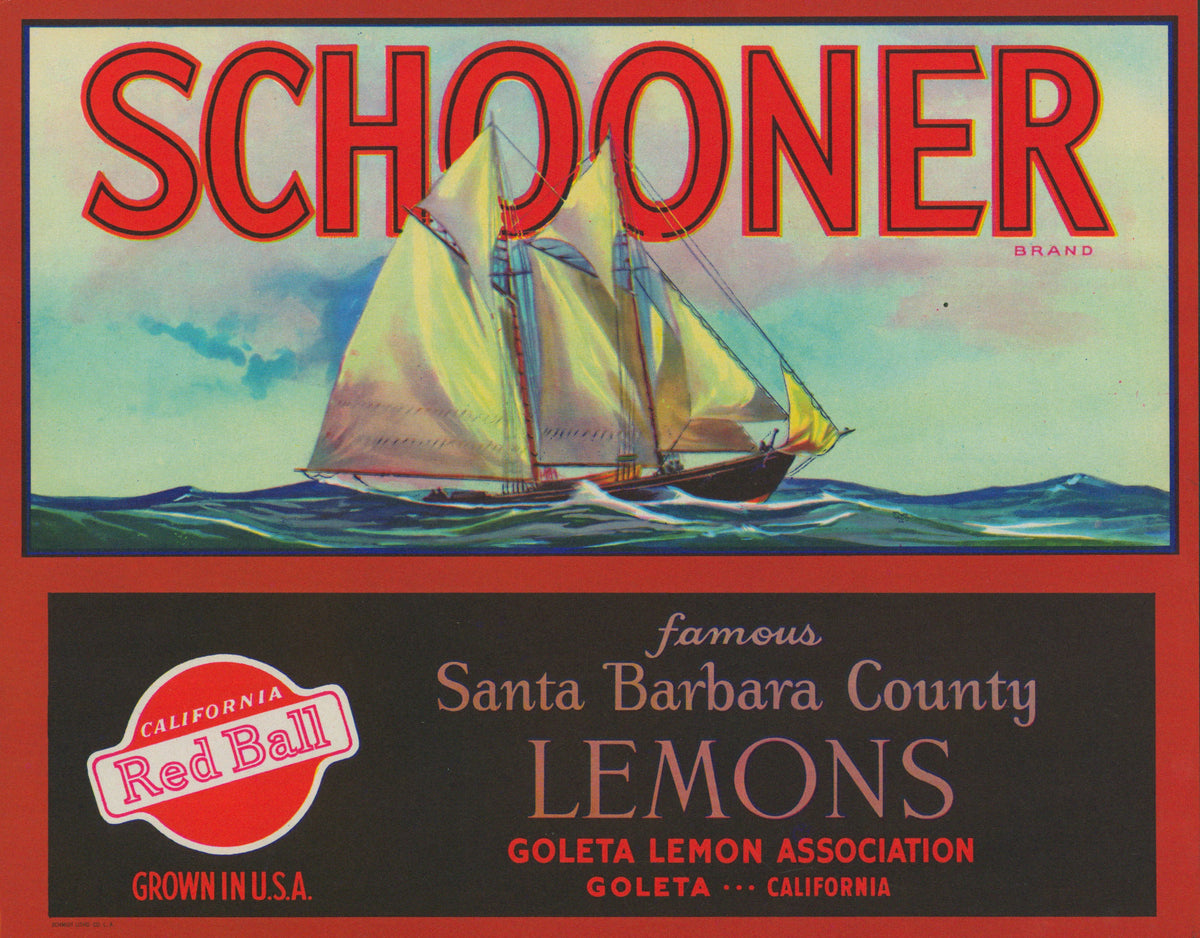 Schooner Lemons- Crate Label - Authentic Vintage Antique Print