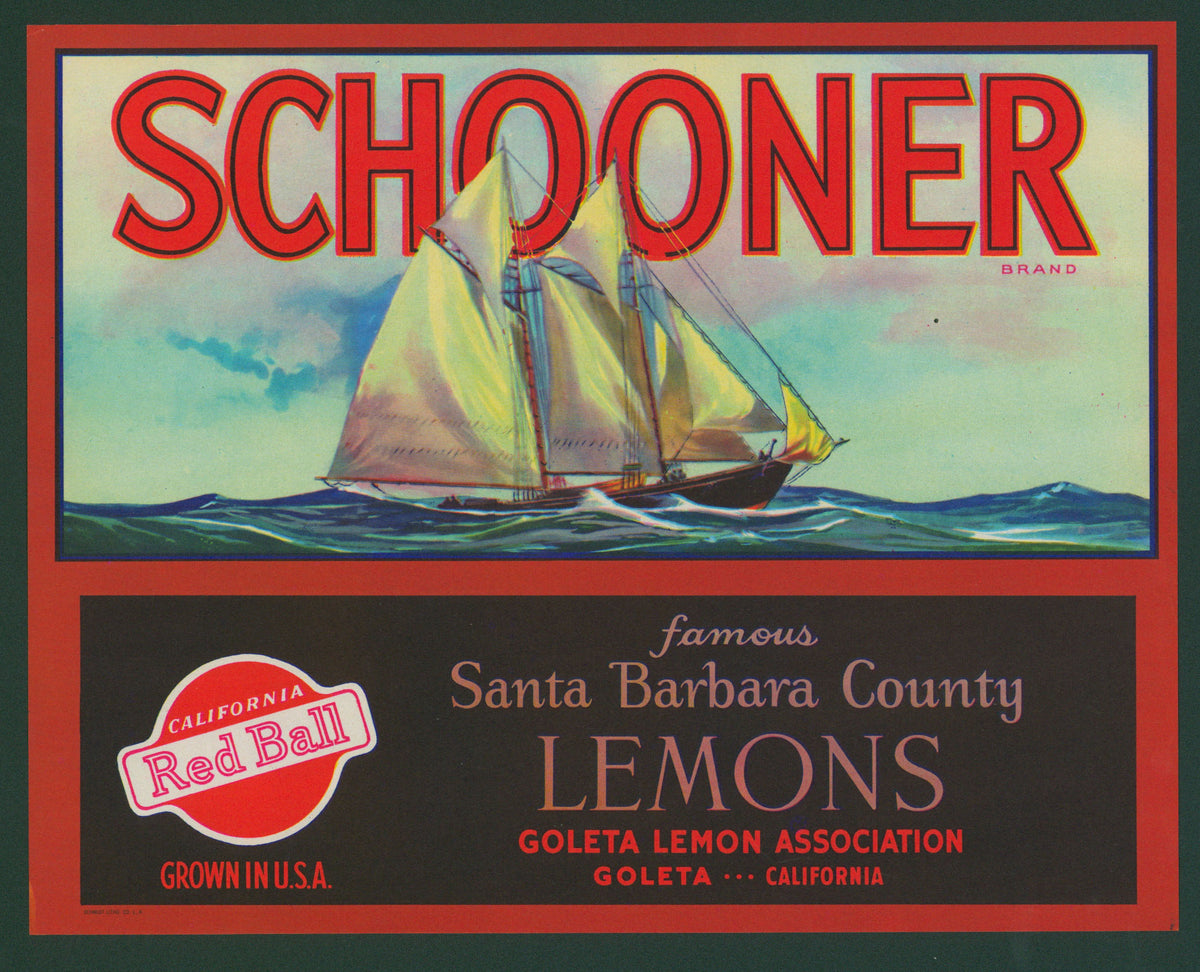 Schooner Lemons- Crate Label - Authentic Vintage Antique Print