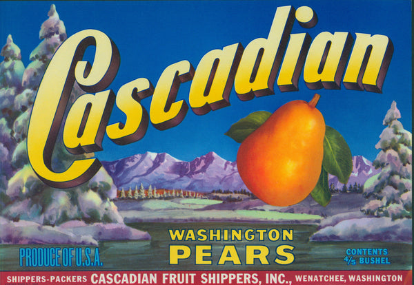 Cascadian Washington Pears- Crate Label - Authentic Vintage Product Label