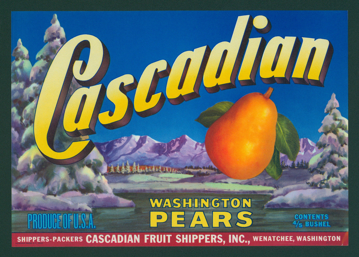 Cascadian Washington Pears- Crate Label - Authentic Vintage Antique Print