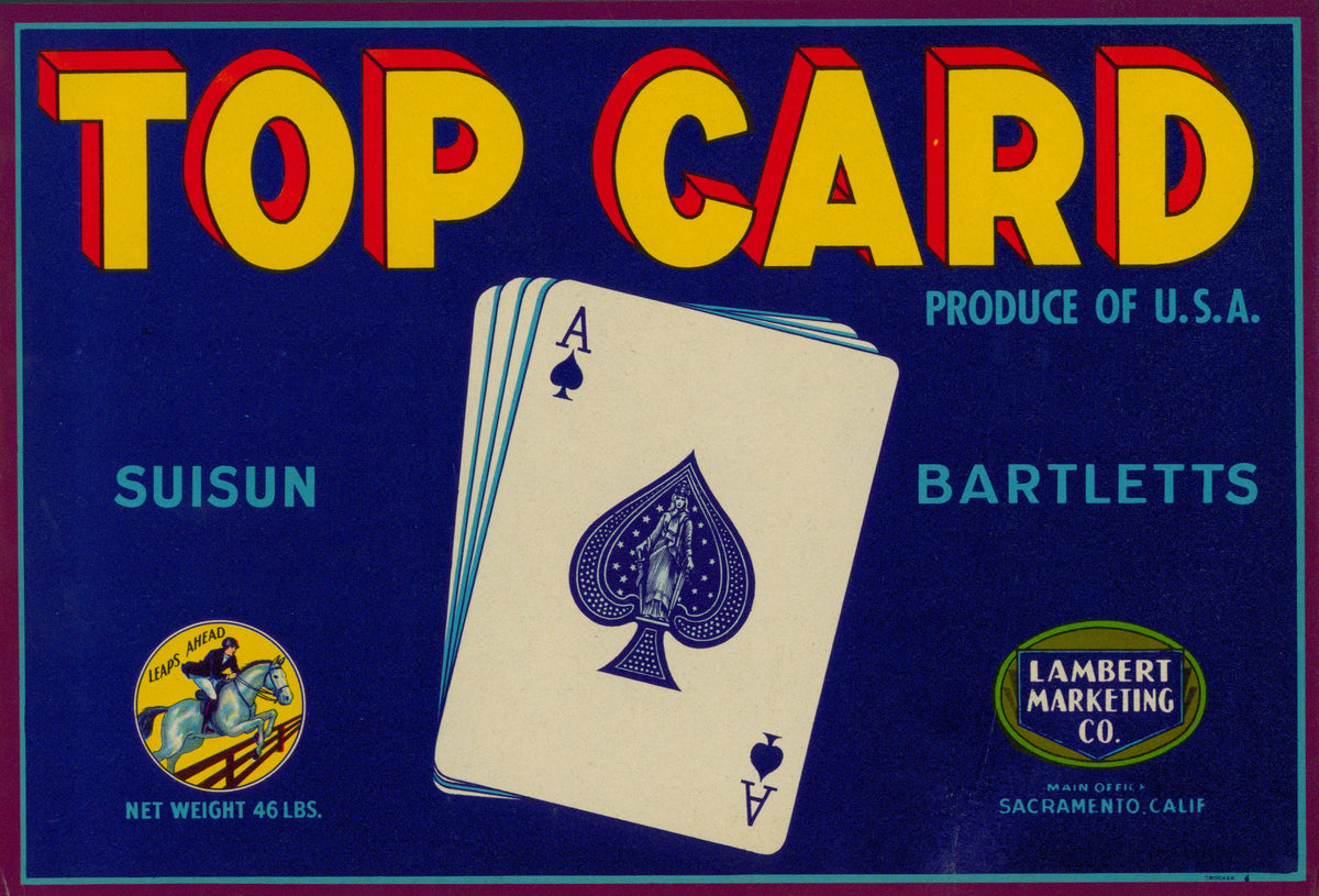 Top Card Suisun Bartletts- Crate Label - Authentic Vintage Antique Print