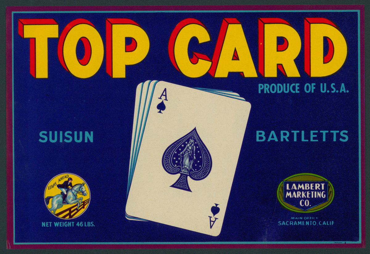 Top Card Suisun Bartletts- Crate Label - Authentic Vintage Antique Print