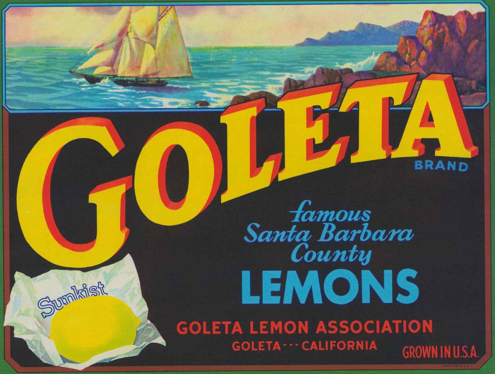 Goleta Santa Barbara County Lemons - Crate Label - Authentic Vintage Antique Print