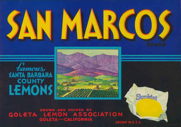 San Marcos, Santa Barbara County Lemons - Crate Label - Authentic Vintage Product Label