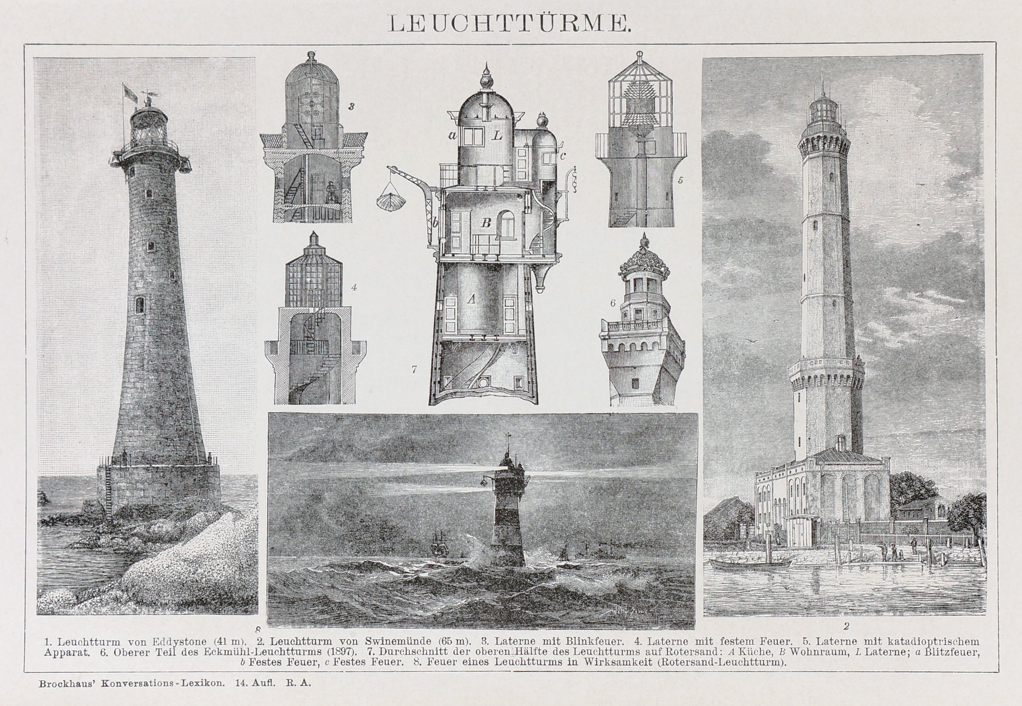 Lighthouses, Antique Engraving - Authentic Vintage Antique Print