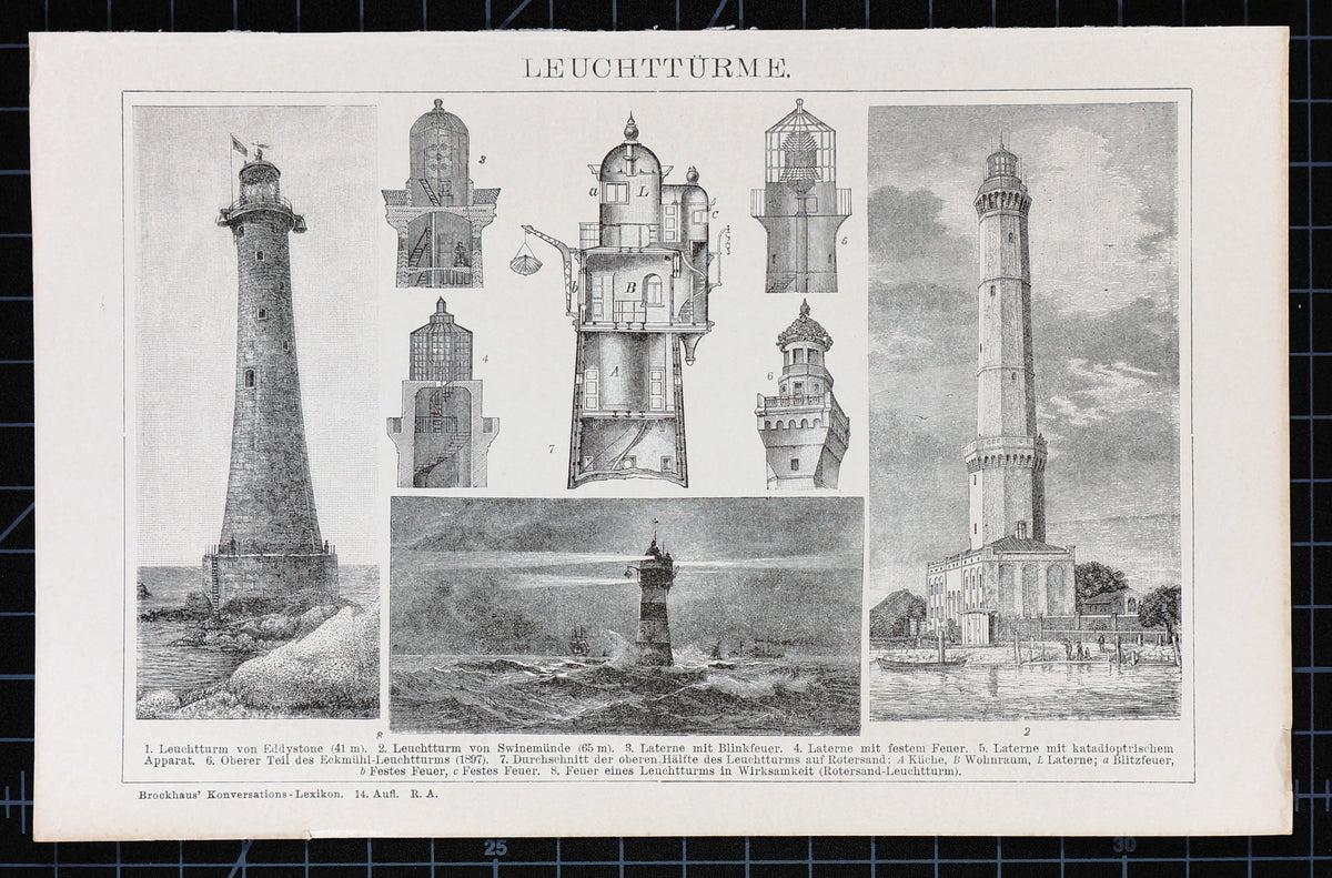 Lighthouses, Antique Engraving - Authentic Vintage Antique Print