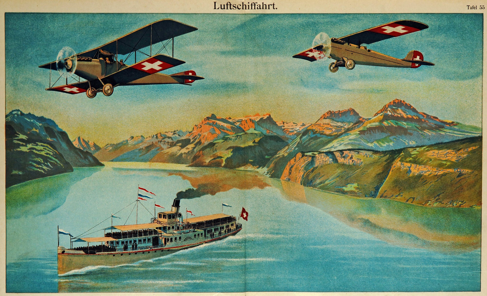 Airplanes & Ship, Switzerland Landscape, Antique Chromolithograph - Authentic Vintage Antique Print