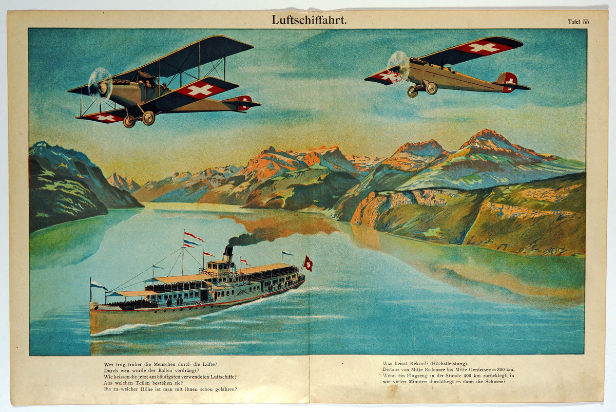 Airplanes &amp; Ship, Switzerland Landscape, Antique Chromolithograph - Authentic Vintage Antique Print