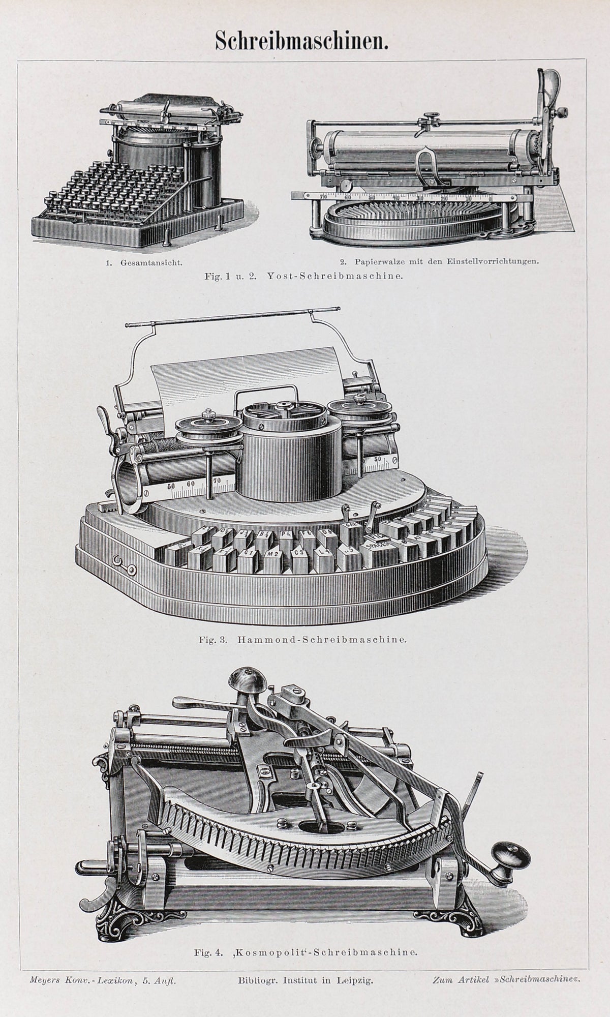 Typewriters, Yost, Hammond, Kosmopolit Antique Engraving - Authentic Vintage Antique Print