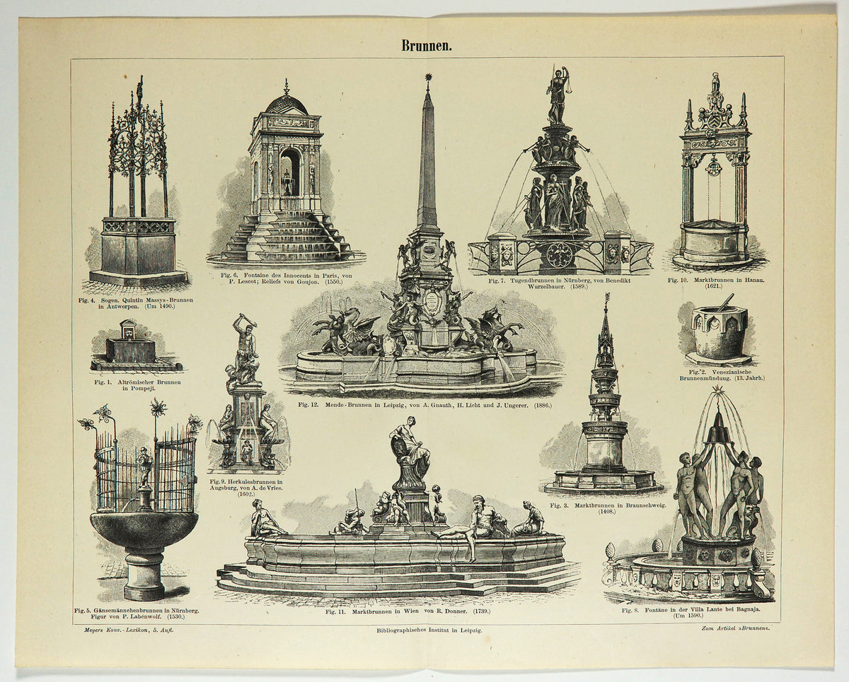 Fountains of France, Italy, Austria, Germany Antique Engraving - Authentic Vintage Antique Print