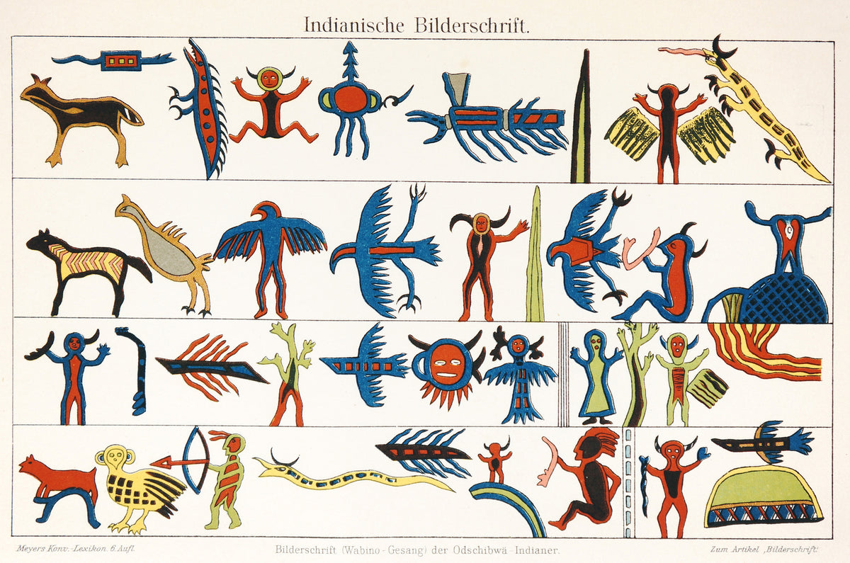 Prehistoric American Indian Drawings, Antique Chromolithograph - Authentic Vintage Antique Print