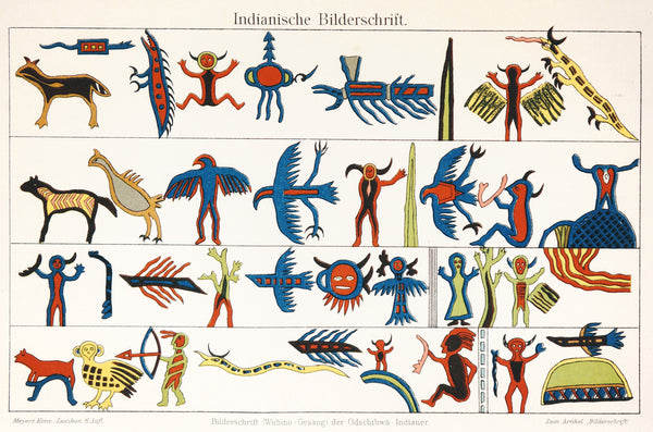 Prehistoric American Indian Drawings, Antique Chromolithograph - Authentic Vintage Antique Print