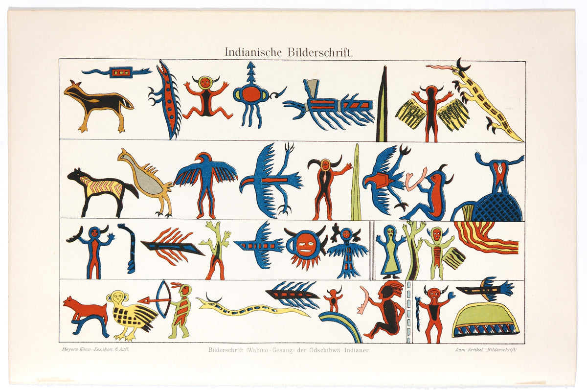 Prehistoric American Indian Drawings, Antique Chromolithograph - Authentic Vintage Antique Print