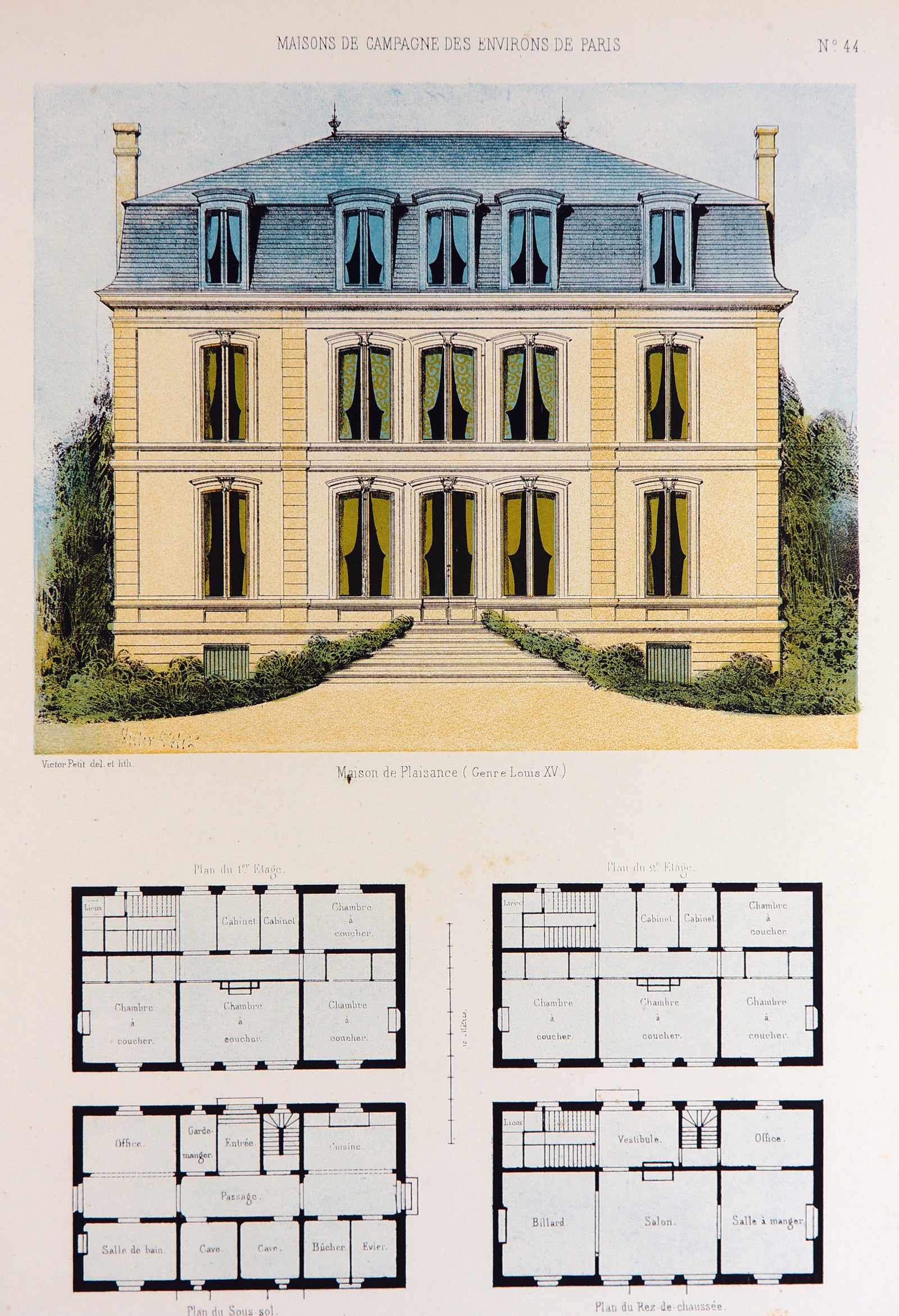 Maison de Plaisance, Hand Colored Print - Authentic Vintage Antique Print