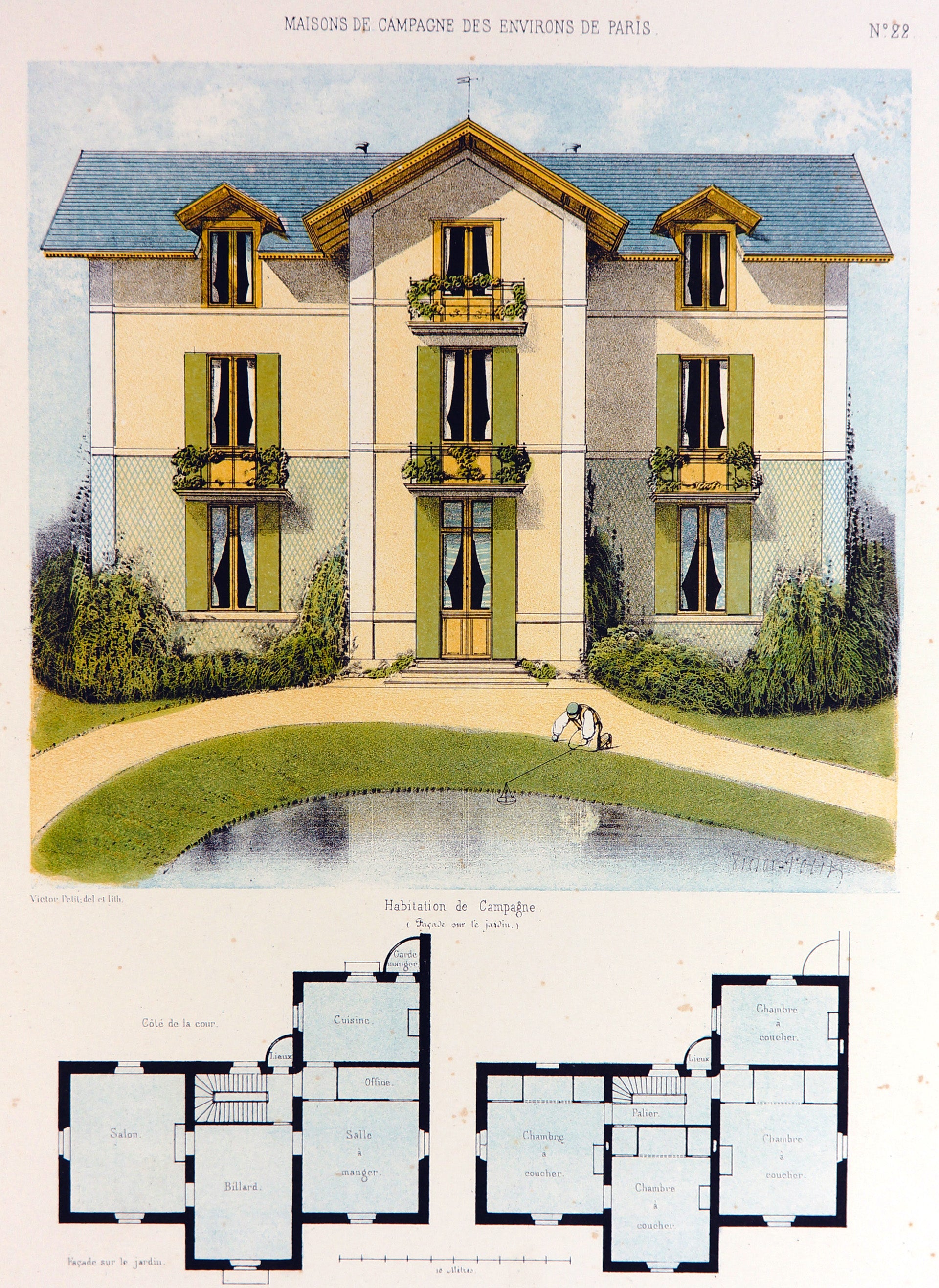 Habitation de Campagne, Hand Colored Print - Authentic Vintage Antique Print