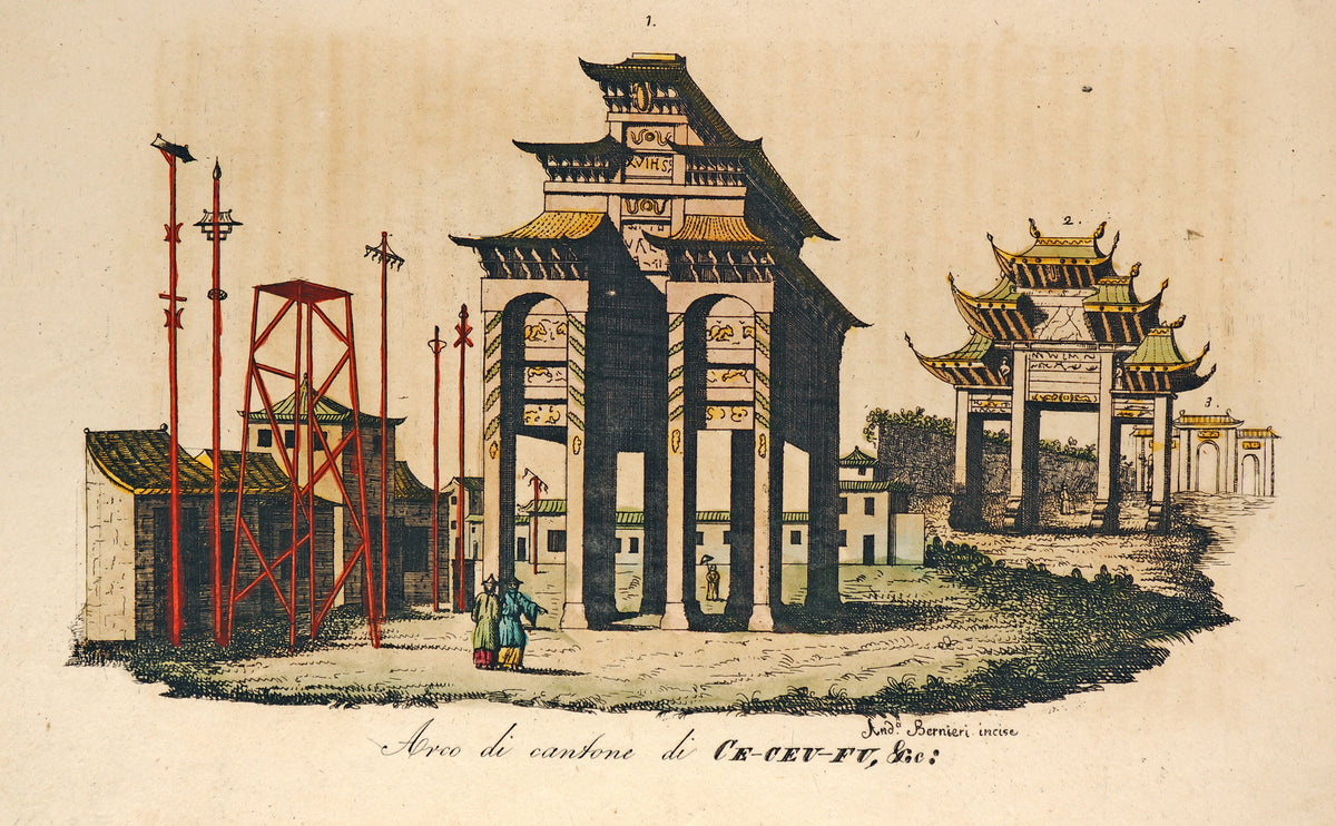 Triumphal arch of Ce-ceu-fu, Hand Colred Engraving - Authentic Vintage Antique Print