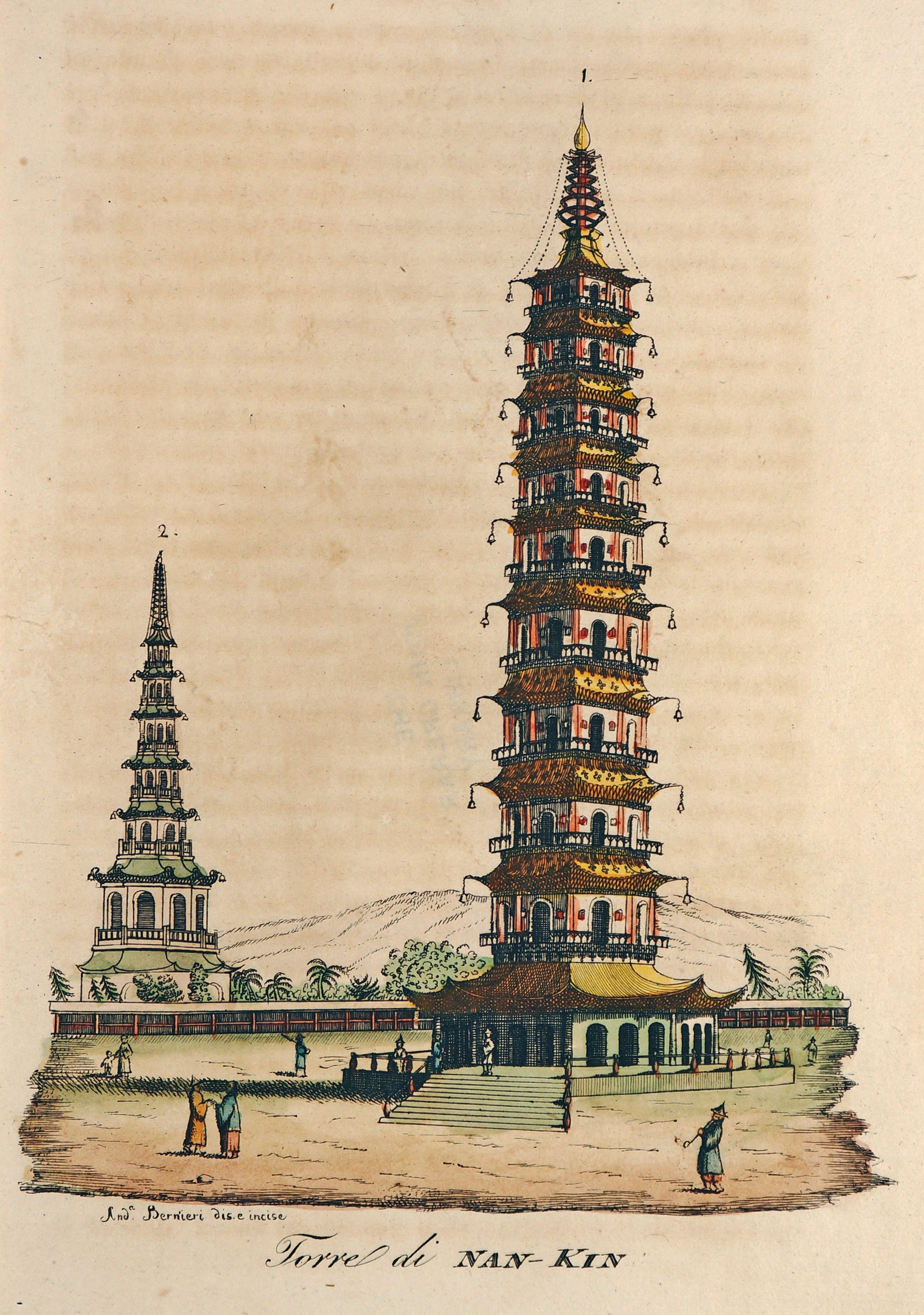 Nanking Tower, Hand Colored Engraving - Authentic Vintage Antique Print