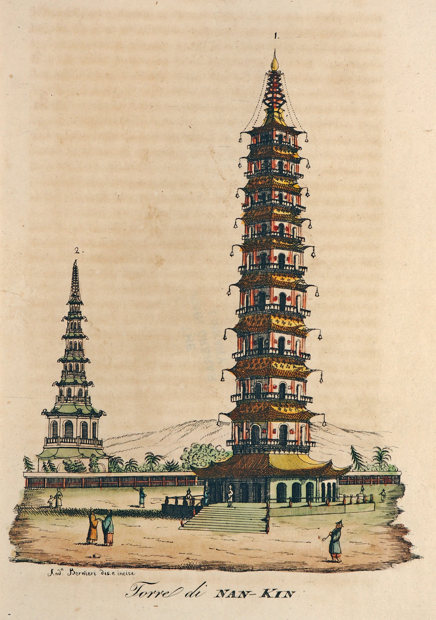 Nanking Tower, Hand Colored Engraving - Authentic Vintage Antique Print