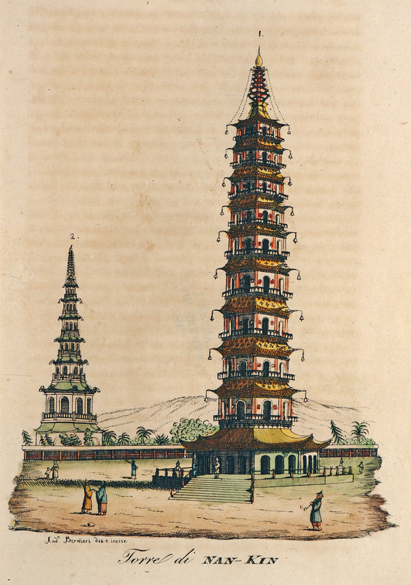 Nan-Kin Tower, Hand Colored Engraving - Authentic Vintage Antique Print