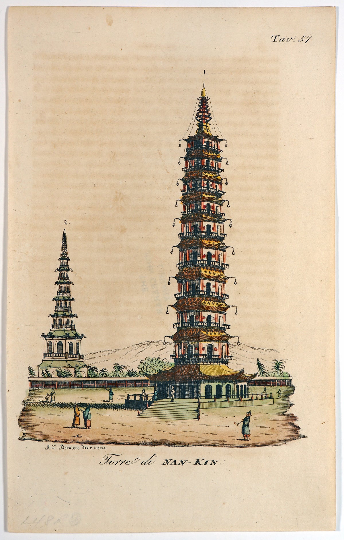 Nanking Tower, Hand Colored Engraving - Authentic Vintage Antique Print