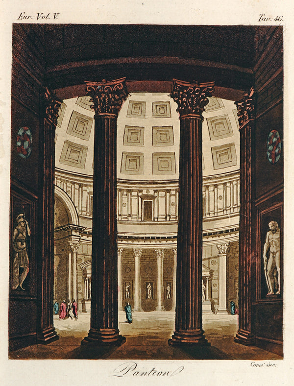 Pantheon, Hand Colored Engraving - Authentic Vintage Antique Print