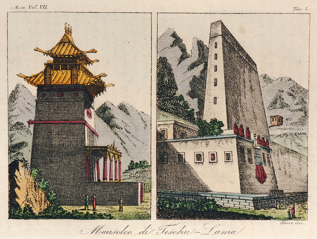 Teschu-Lama, Hand Colored Engraving - Authentic Vintage Antique Print
