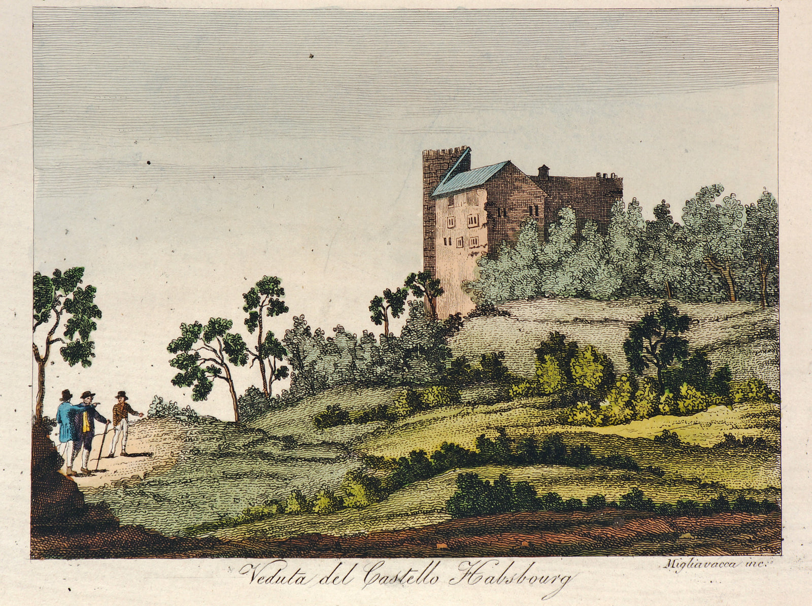 Habsburg Castle, Hand Colored Engraving - Authentic Vintage Antique Print