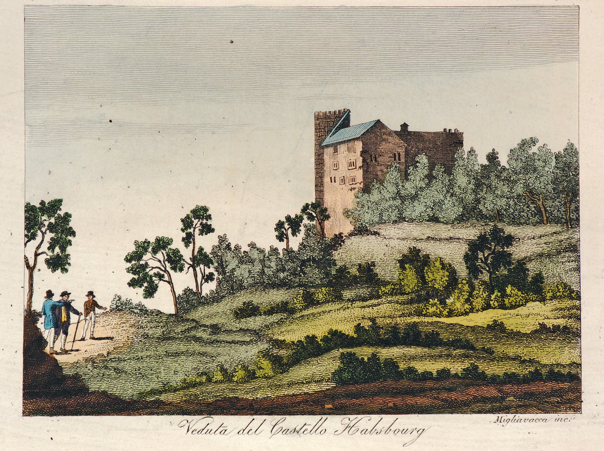 Habsburg Castle, Hand Colored Engraving - Authentic Vintage Antique Print