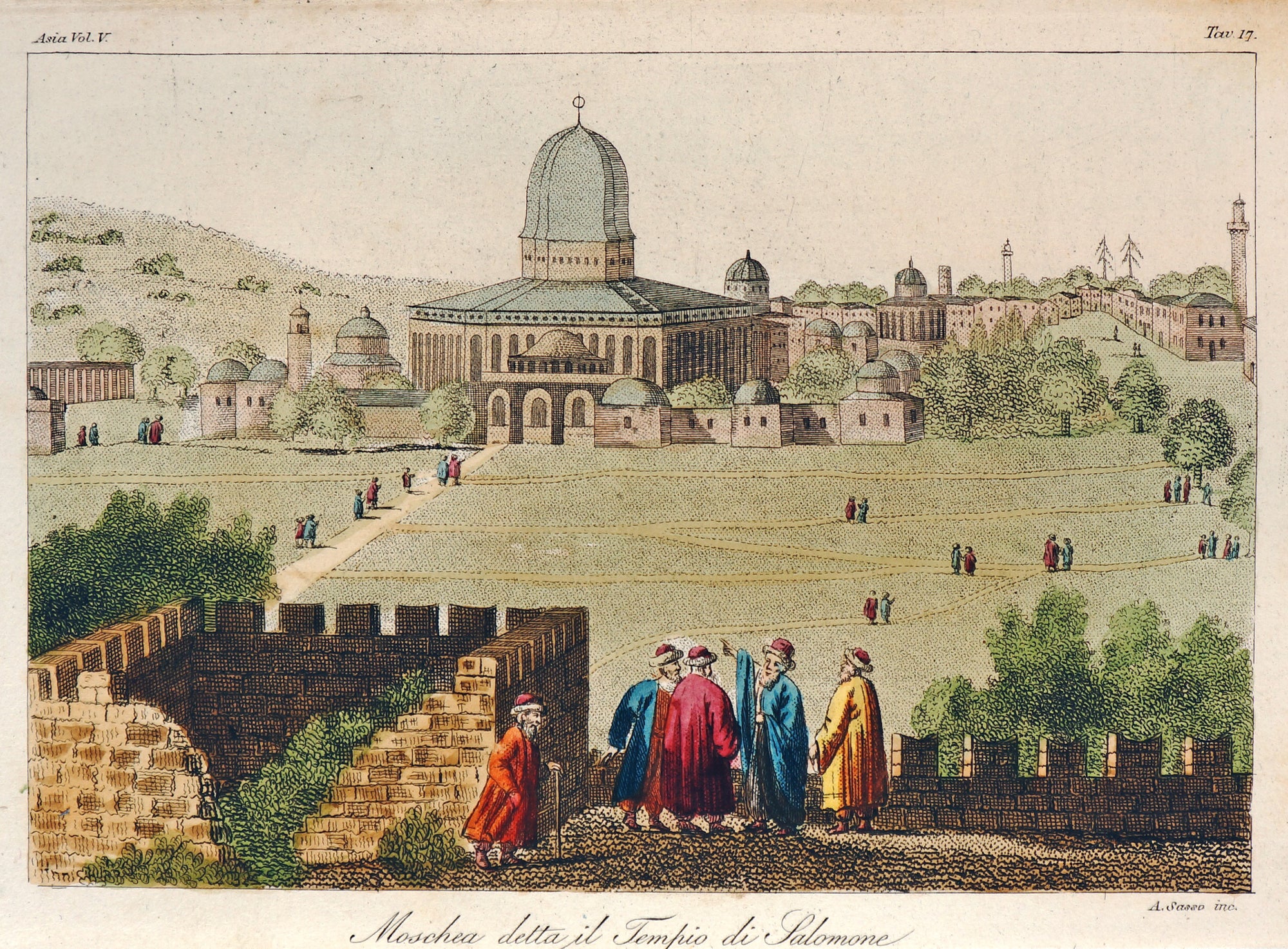 Al-Aqsa Mosque, Hand Colored Engraving - Authentic Vintage Antique Print