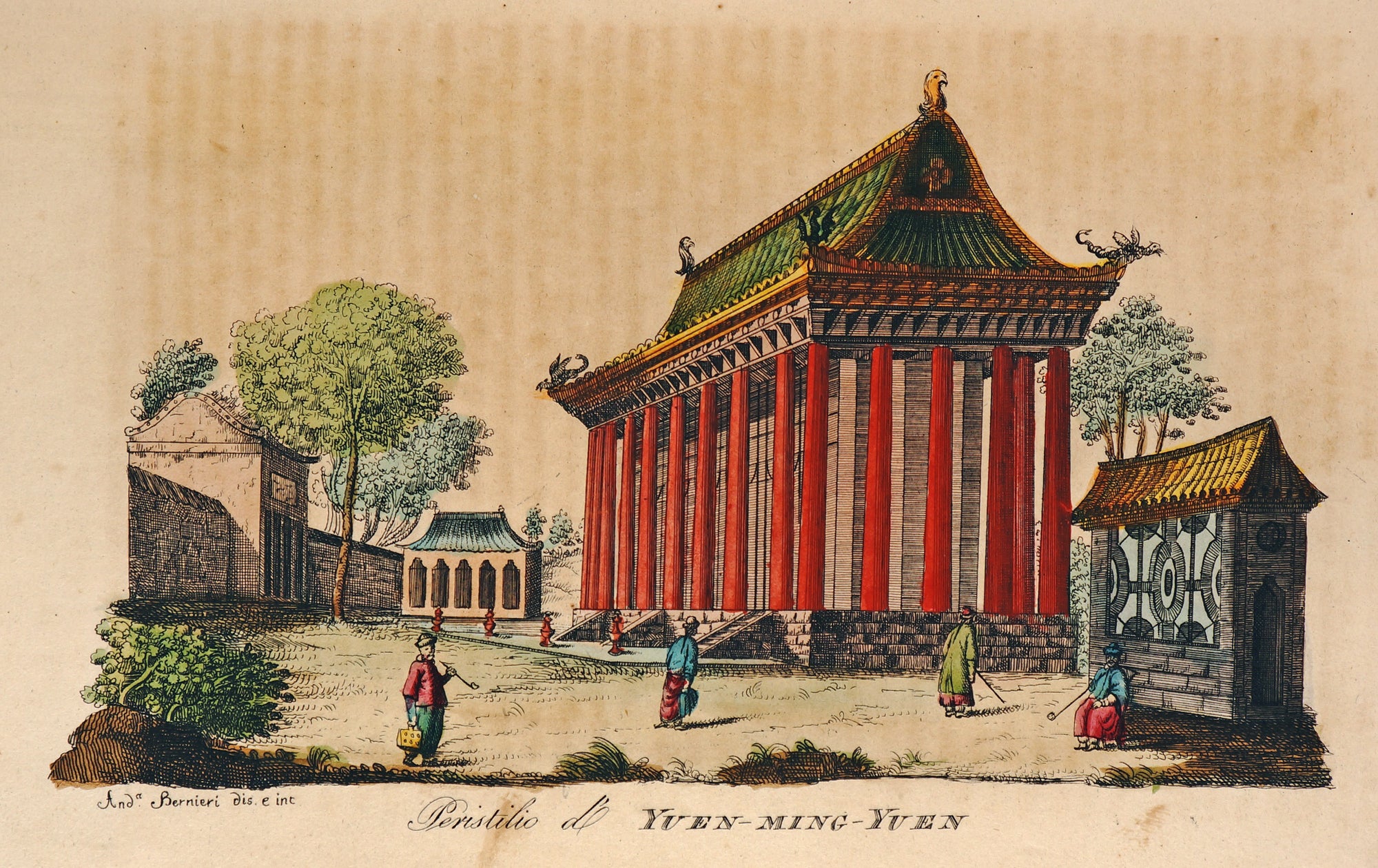 Yuanmingyuan Pavilion, Hand Colored Engraving - Authentic Vintage Antique Print