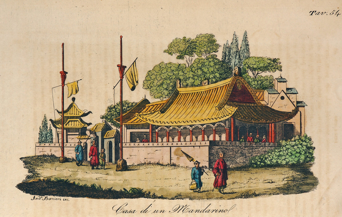 Chinese Mandarin House, Hand Colored Engraving - Authentic Vintage Antique Print