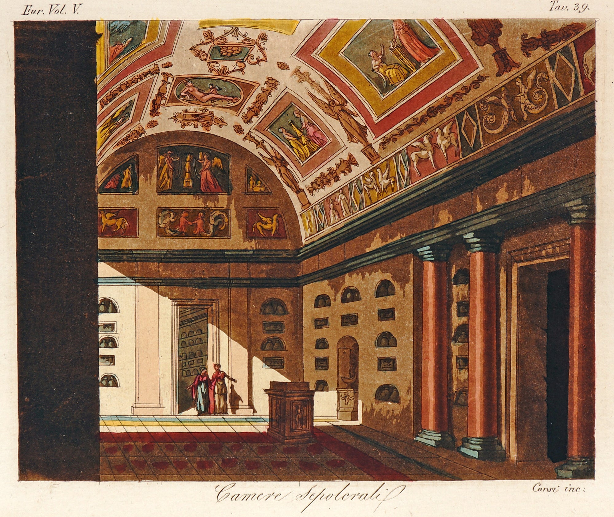 Camere Sepolcrale, Hand Colored Engraving - Authentic Vintage Antique Print