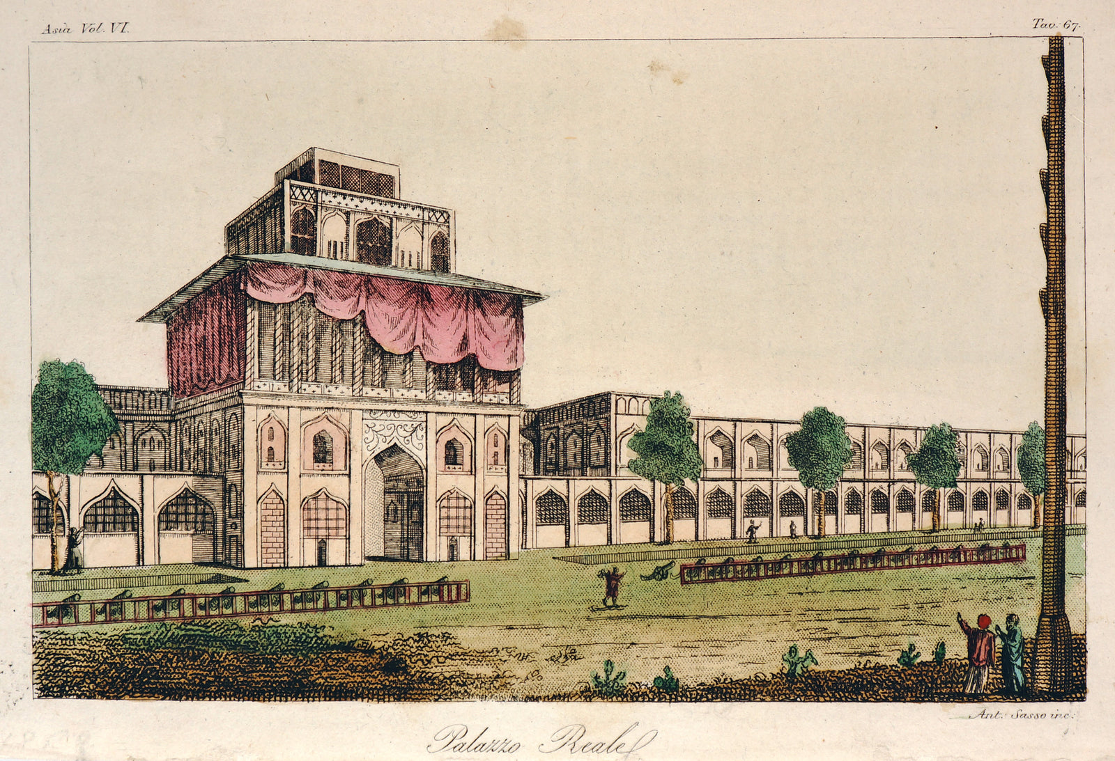 Ali Qapu Palace, Hand Colored Engraving - Authentic Vintage Antique Print