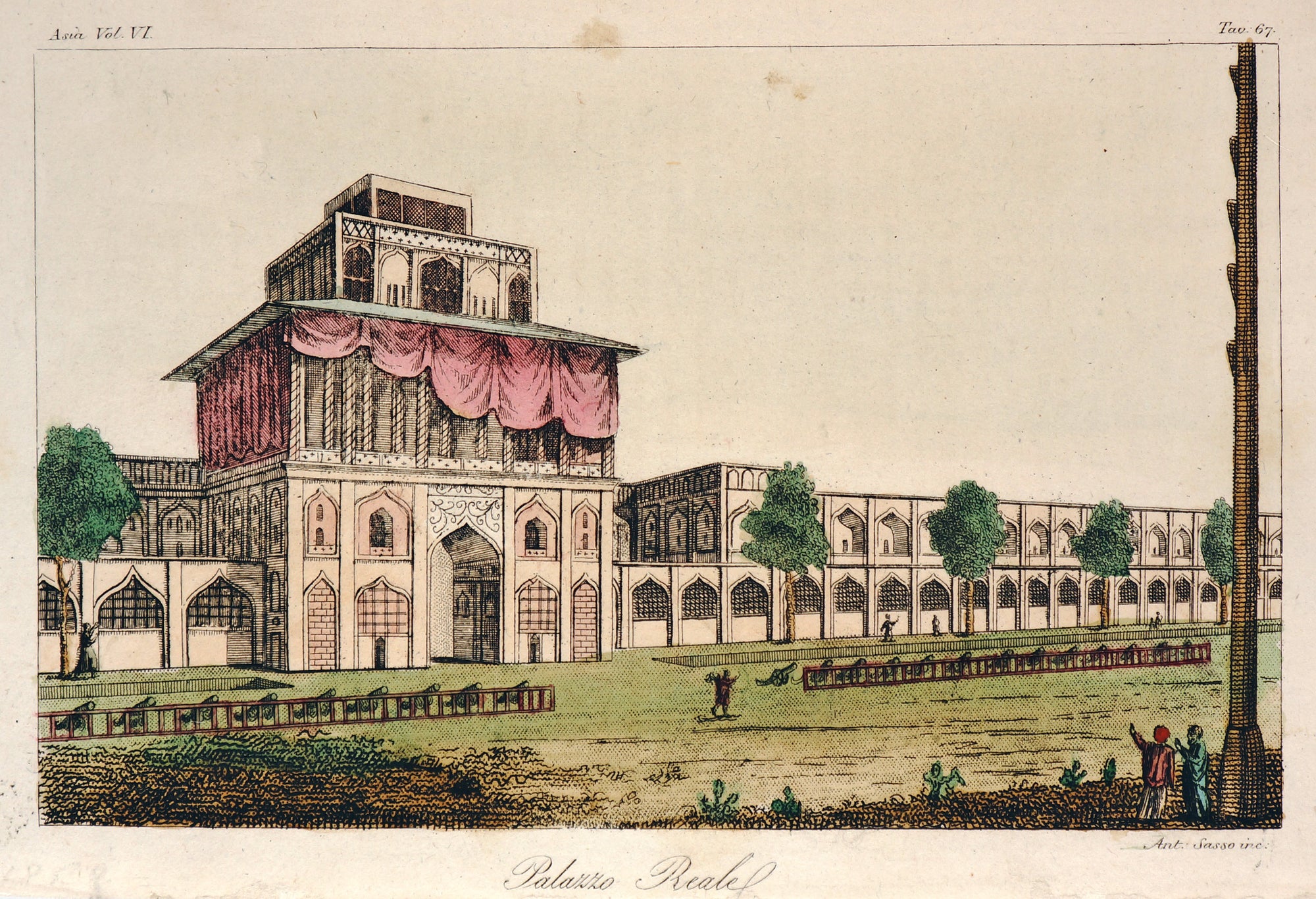 Ali Qapu Palace, Hand Colored Engraving - Authentic Vintage Antique Print