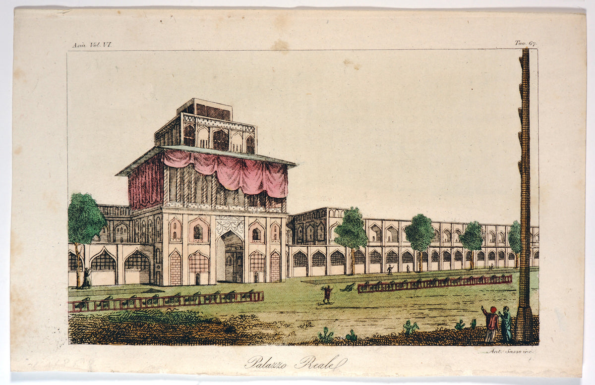 Ali Qapu Palace, Hand Colored Engraving - Authentic Vintage Antique Print