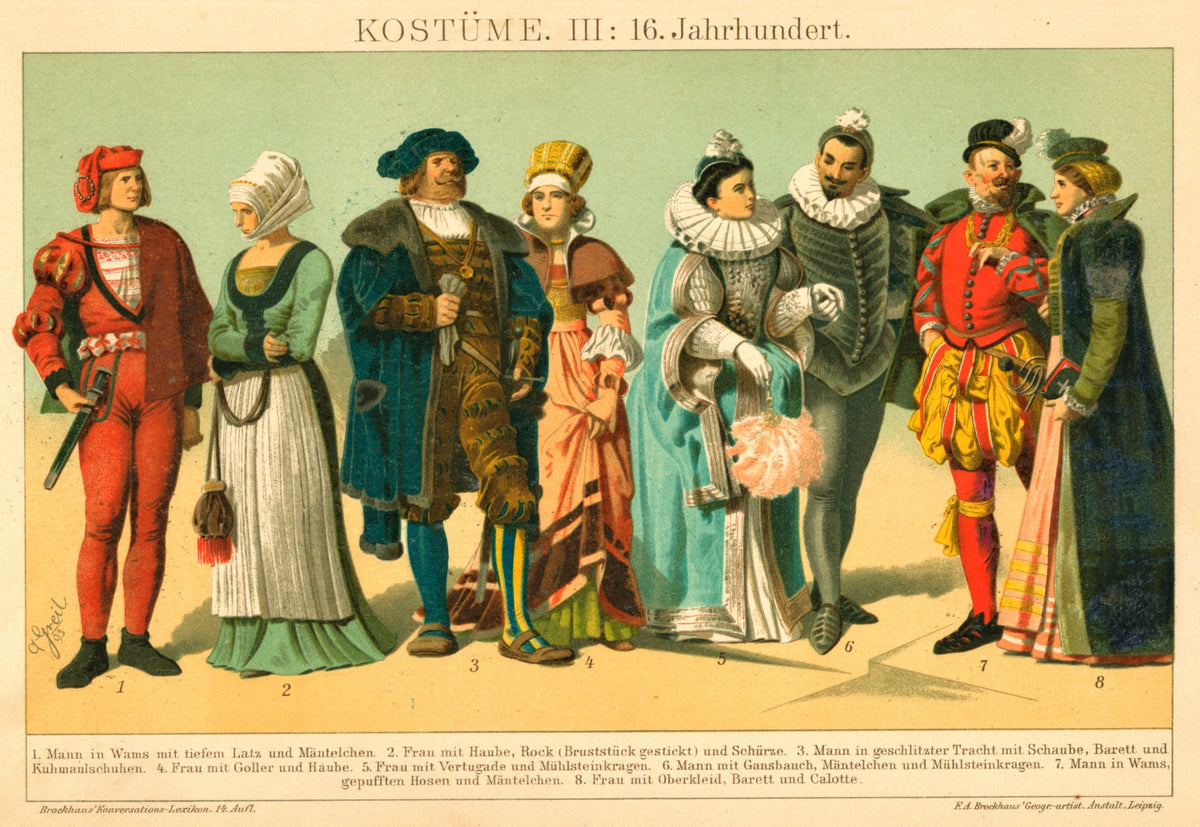 16th Century Costumes, Nobility- Antique Chromolithograph - Authentic Vintage Antique Print