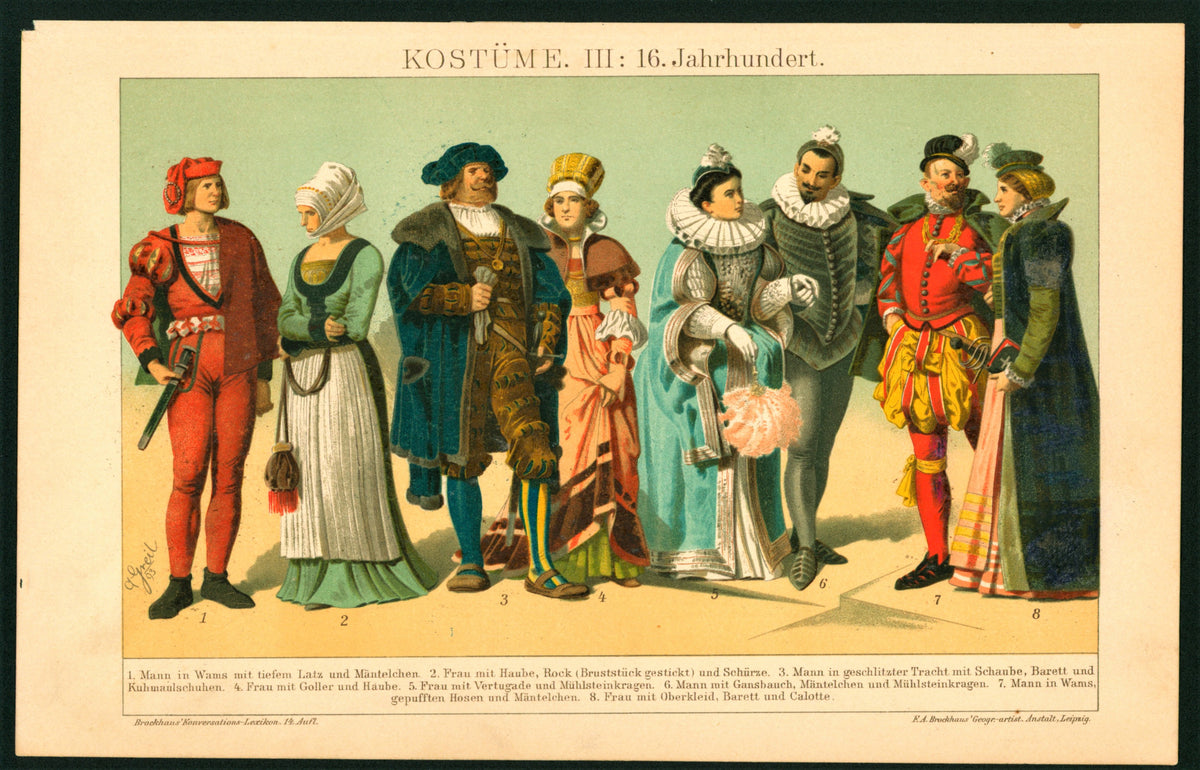 16th Century Costumes, Nobility- Antique Chromolithograph - Authentic Vintage Antique Print
