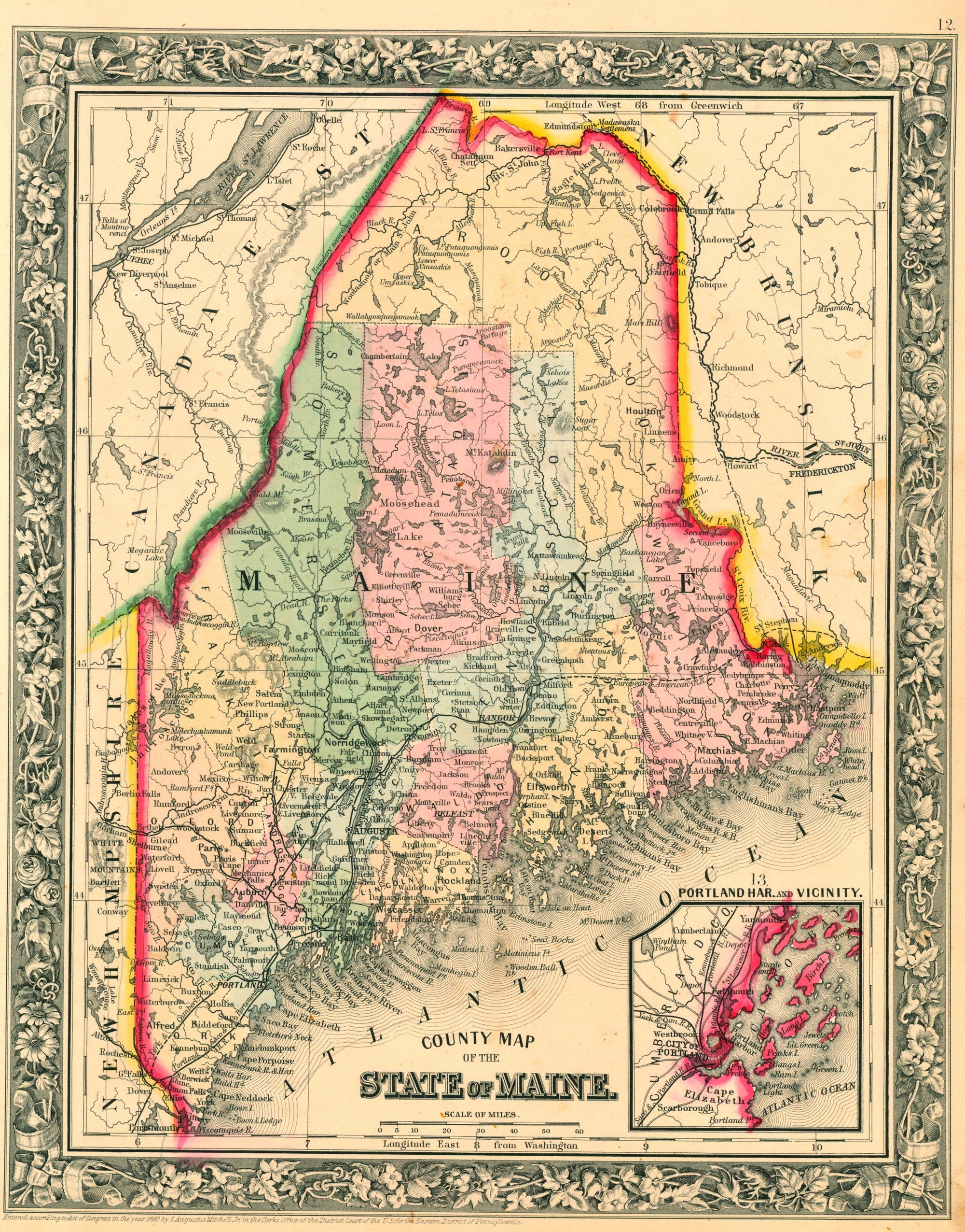 Maine- Antique Map - Authentic Vintage Poster