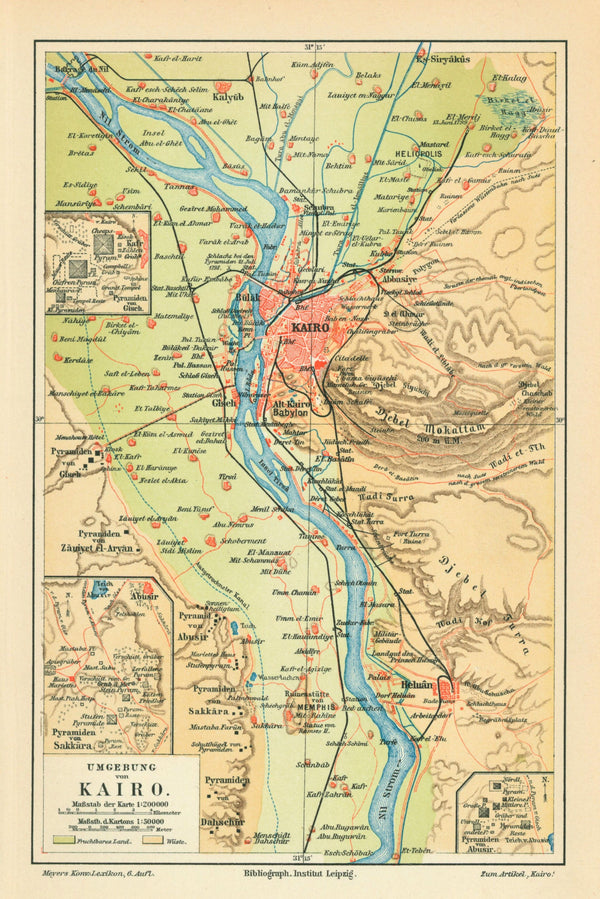 Cairo, Egypt, Great Pyramids of Giza- Antique Map - Authentic Vintage Map